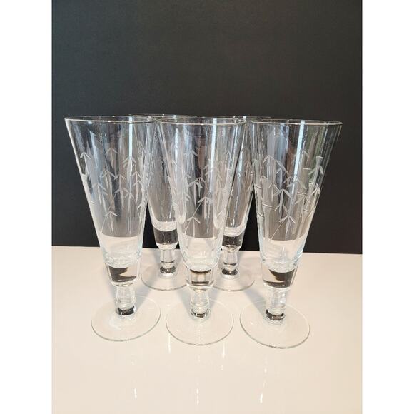 VTG Etched Bamboo Cut Crystal Glasses Set of 5 Tall‎ Pilsners Retro MCM Barware - Picture 7 of 12